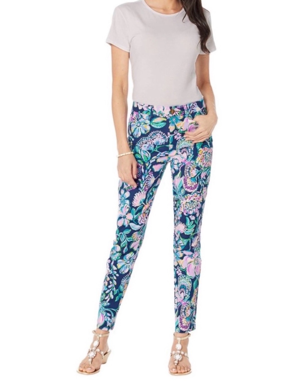 Lilly Pulitzer Kelly StreychNavy Floral Print Straight-Leg Pants - Sz 8